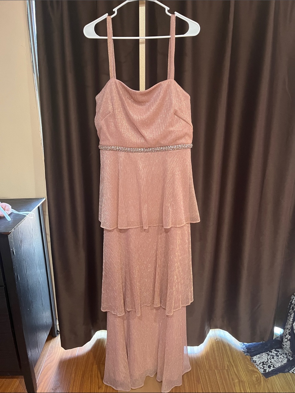 Beaded Waist Dusty Rose Tiered Maxi Dress